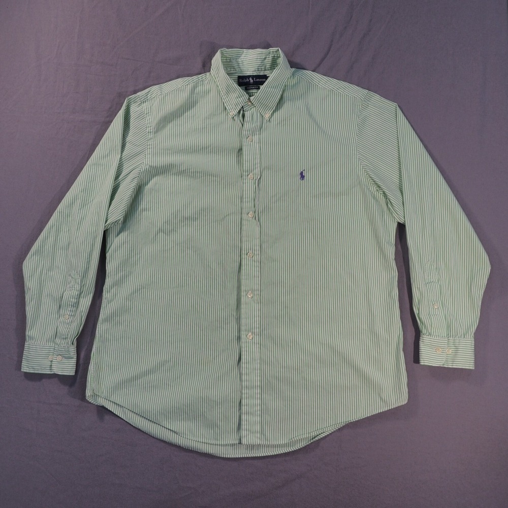 Ralph Lauren Shirt Mens 17 1/2 Green Striped Custom Fit Business Long Sleeve
